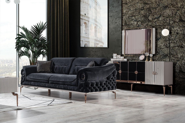 Stylvoll 3-Sëtzer Wohnzëmmer Schwaarz Luxus Couch Modern Holzgestell