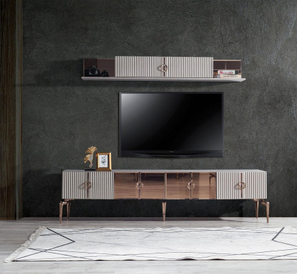 Méidern Wunnzëmmerambiente Wäisst RTV-Niddregboard Edelstahl Regal 2tlg Set