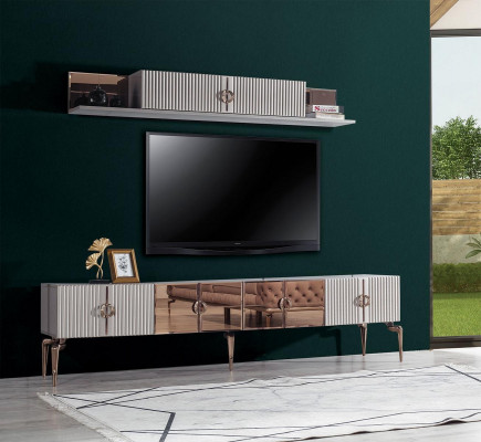 Méidern Wunnzëmmerambiente Wäisst RTV-Niddregboard Edelstahl Regal 2tlg Set