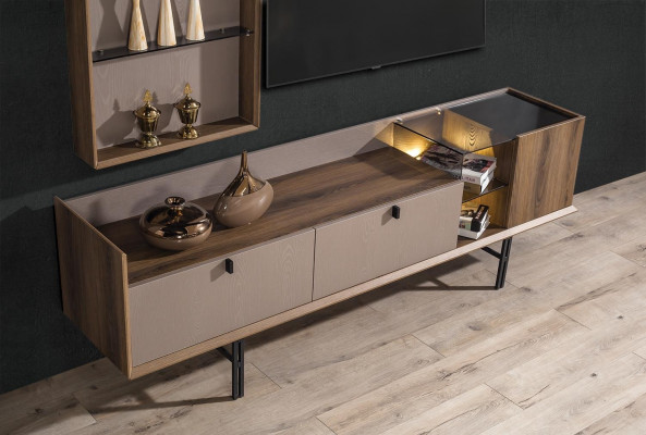 Beige Modern RTV-Nidderegstrib ronderëm Schaf Stillvoll LED-TV Bord 2-Deel