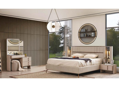 Modern Schlofzëmmer Miwwelen Beige Duebelbett 2x Nuitstiesch Schminktisch