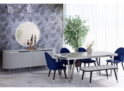 Iesszëmmer Set Besteet aus Iessdësch 4x Stull Spigel Anrichte Bank 8tlg