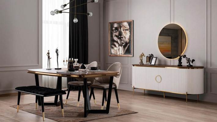 Iesszëmmer Set Besteet aus Iessdësch 4x Still Bänk Komoud Spigel 8tlg.