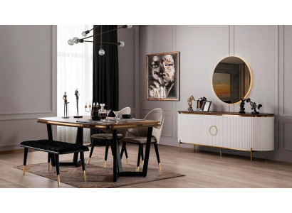 Iesszëmmer Set Besteet aus Iessdësch 4x Still Bänk Komoud Spigel 8tlg.