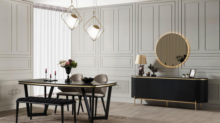 Modern 8-Stéck Iesszëmmer Set Iessdësch 4x Stull Kommode Spigel Bänk nei