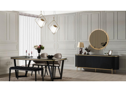 Modern 8-Stéck Iesszëmmer Set Iessdësch 4x Stull Kommode Spigel Bänk nei