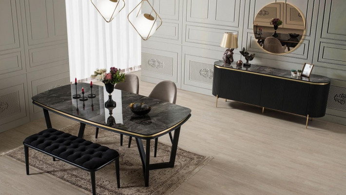 Modern 8-Stéck Iesszëmmer Set Iessdësch 4x Stull Kommode Spigel Bänk nei