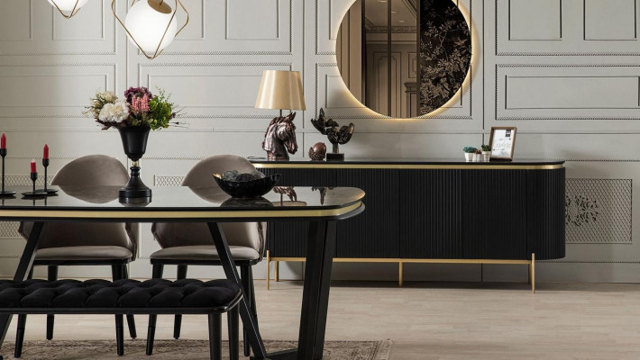 Modern 8-Stéck Iesszëmmer Set Iessdësch 4x Stull Kommode Spigel Bänk nei