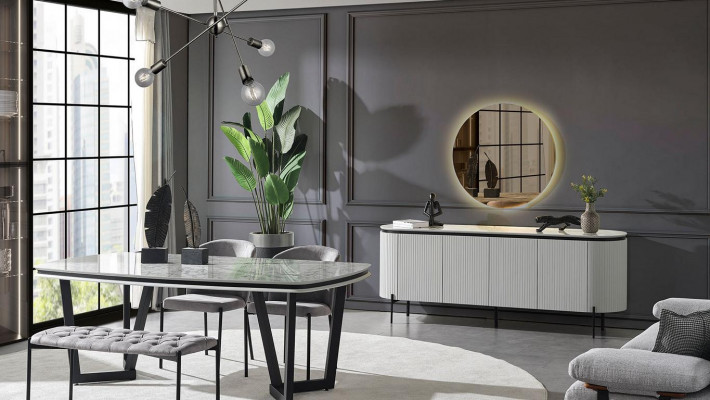 Modern Iesszëmmer-Set besteet aus Iessdësch, 4x Stull an Anrichte-Spigel.