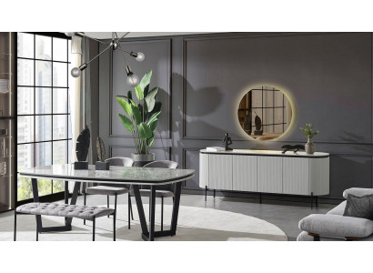 Modern Iesszëmmer-Set besteet aus Iessdësch, 4x Stull an Anrichte-Spigel.