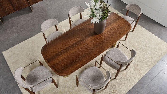 Modernen Iesszëmmer Set besteet aus Iessdësch an 6x Stiihl Braun 7tlg.