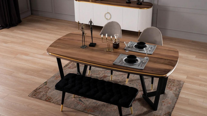 Iesszëmmer Set Besteet aus Iessdësch+4x Stull a Bänkel, Brong Faarf, 6 Stéck.