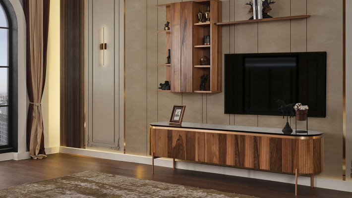 Perfekt Wunnzëmmer Set Besteet aus Braun TV-Lowboard an Wandsschaf.