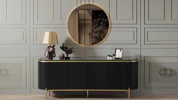 Iesszëmmer Set Modern Besteet aus Schwaarz Anrichte an Spigel 2tlg.