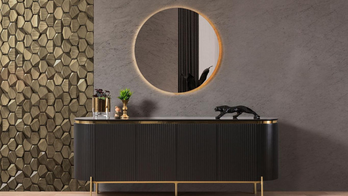 Iesszëmmer Set Modern Besteet aus Schwaarz Anrichte an Spigel 2tlg.