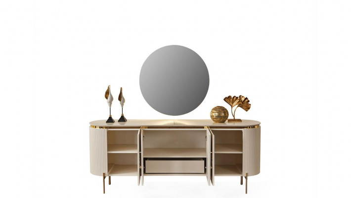 Dësset aus Iesszëmmer-Set besteet aus beige Faarf Buffet an Spigel.