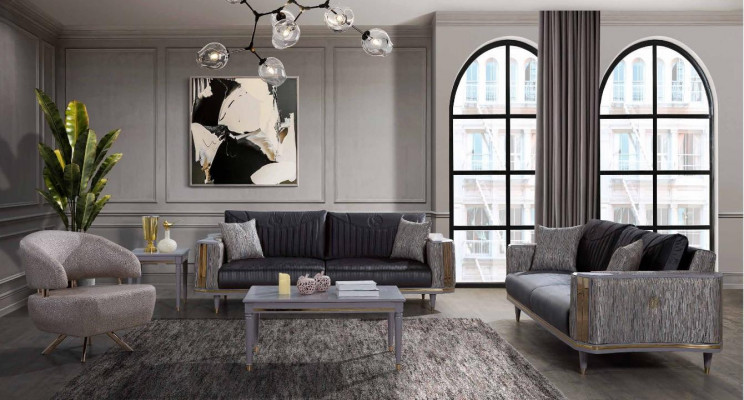 Grau Wunnzëmmer Garnitur Designer Canapéen Luxus Couchtisch Bäistelltisch