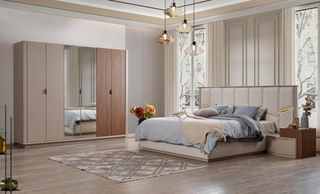 Grouss beige Schlofzëmmer Garnitur Duebelbett 2x Nuetsschräiner Schaf