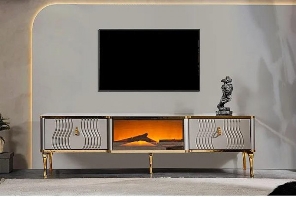 Wäisst TV-Sideboard gëllen MDF Spanplack + Metall Wunnzëmmer TV Miwwelen