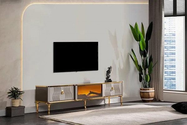 Wäisst TV-Sideboard gëllen MDF Spanplack + Metall Wunnzëmmer TV Miwwelen
