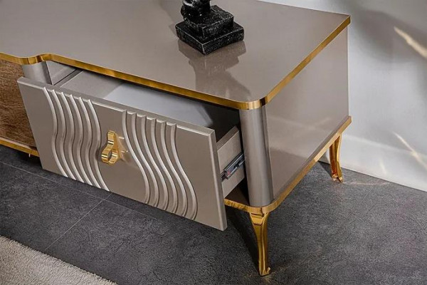 Wäisst TV-Sideboard gëllen MDF Spanplack + Metall Wunnzëmmer TV Miwwelen