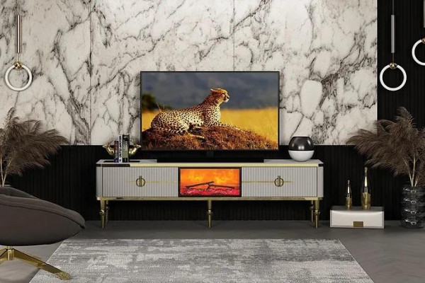 Wunnzëmmer TV Lowboard héichwäerteg Materialien MDF Metall wäiss + gold
