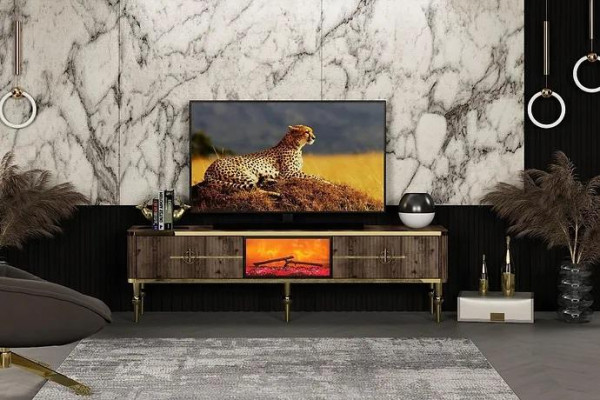 TV-Sideboard Wunnzëmmer Luxus donkelbrong MDF + Metall Gold nei