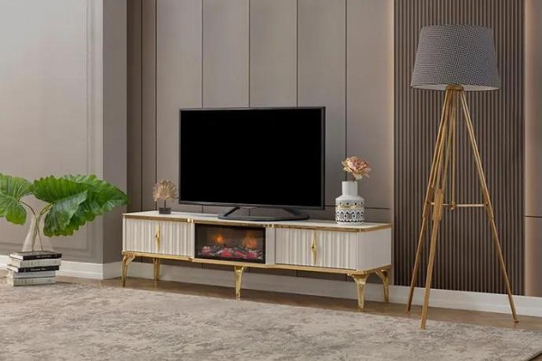 Wunnzëmmer TV-Lowboard wäiss + Gold MDF Säitendësch Metall RTV Luxus Nei
