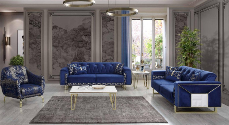 Luxus Blo Sofagarnitur Designer Dräisëtzer Dësch Couchtisch Bäistelltisch