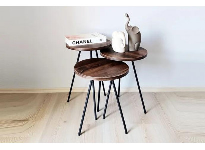 Ronne 3x Couchtische Set brong Holz Metallbeeën Klengen Dësch