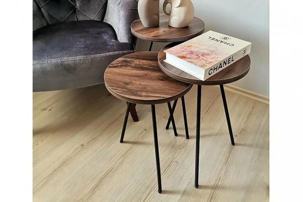 Ronne 3x Couchtische Set brong Holz Metallbeeën Klengen Dësch