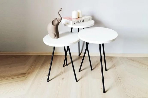 Wohnzëmmer Couchtisch Säitentisch Set 3x Modern Wäiss MDF Metallbeem
