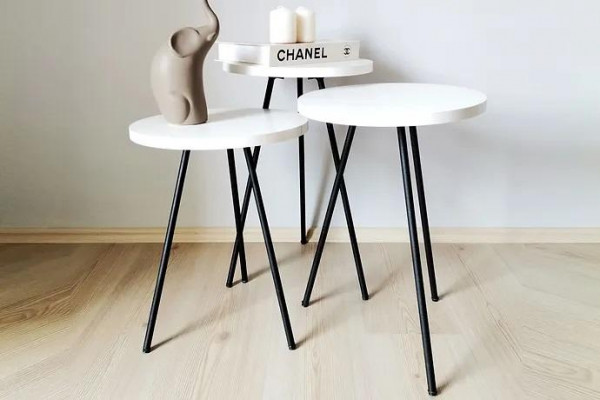 Wohnzëmmer Couchtisch Säitentisch Set 3x Modern Wäiss MDF Metallbeem