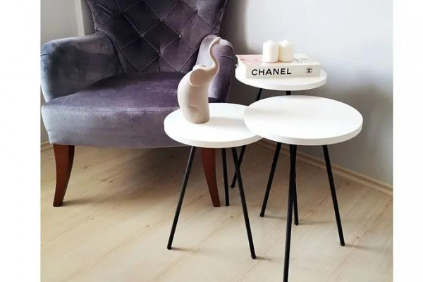 Wohnzëmmer Couchtisch Säitentisch Set 3x Modern Wäiss MDF Metallbeem