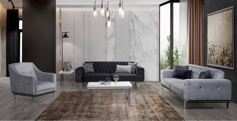 Schwaarz-Grau Chesterfield Canapé-Set Modern Canapéen Säitentisch