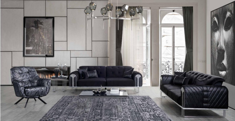 Schwaarz Wunnzëmmer Sofagarnitur 2x Dräisëtzer Designer Polster Sesselen