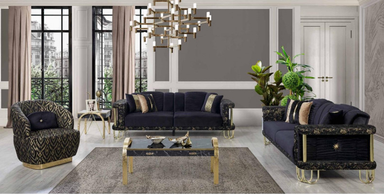 Schwaarz Couchegarnitur 2x Drësëtzer Polstersëtz Modern Sëtzmiwwel