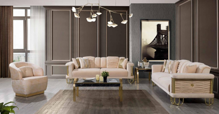 Modernt beiges Sofagarnitur 3+3+1 Sëtzer Designer Polstersëtz Miwwelen