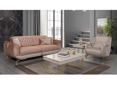 Beige Wunnzëmmer Garnitur Luxus 3-Sëtzer Polstersessel Säitentafel