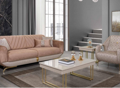 Beige Wunnzëmmer Garnitur Luxus 3-Sëtzer Polstersessel Säitentafel