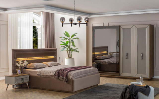 Beige Schlofzëmmer Garnitur Modern Duebelbett Glas Kleederschaf 4tlg