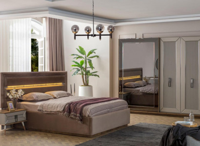 Beige Schlofzëmmer Garnitur Modern Duebelbett Glas Kleederschaf 4tlg