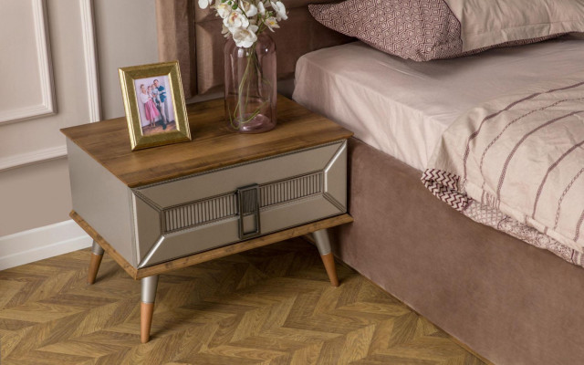 Beige Schlofzëmmer Garnitur Modern Duebelbett Glas Kleederschaf 4tlg
