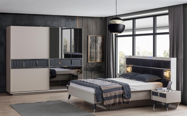 Grouss Schlofkummer Miwwele Designer Bett 2x Nuetsdësch Holz Schaf 4 Deeler