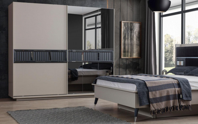 Grouss Schlofkummer Miwwele Designer Bett 2x Nuetsdësch Holz Schaf 4 Deeler