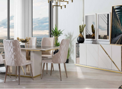 Beige Edelstol Iesszëmmer Garnitur Designer Dësch mat x6 Still Kommod.
