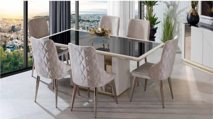 Beige Edelstol Iesszëmmer Garnitur Designer Dësch mat x6 Still Kommod.