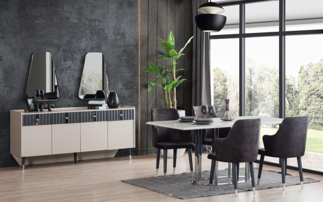 Modern Iessgrupp Rechteckegen Iessdësch 6x Still Sideboard 2x Spigel