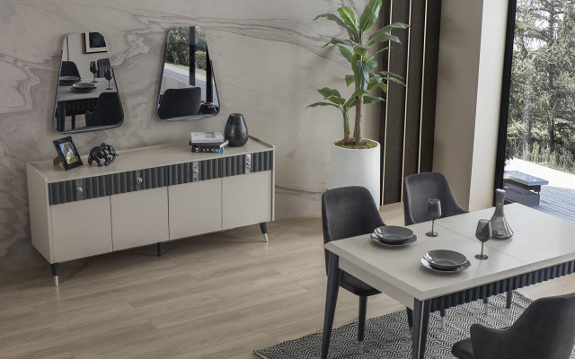 Modern Iessgrupp Rechteckegen Iessdësch 6x Still Sideboard 2x Spigel