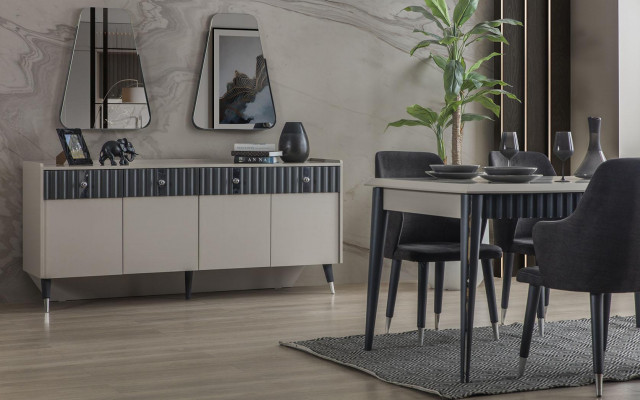Modern Iessgrupp Rechteckegen Iessdësch 6x Still Sideboard 2x Spigel